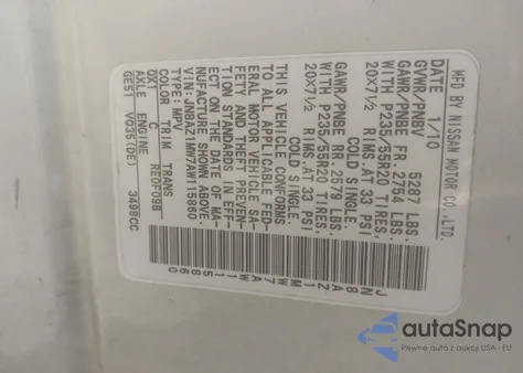 2010 Nissan Murano Le z USA, uszkodzony, nr VIN JN8AZ1MW7AW115860